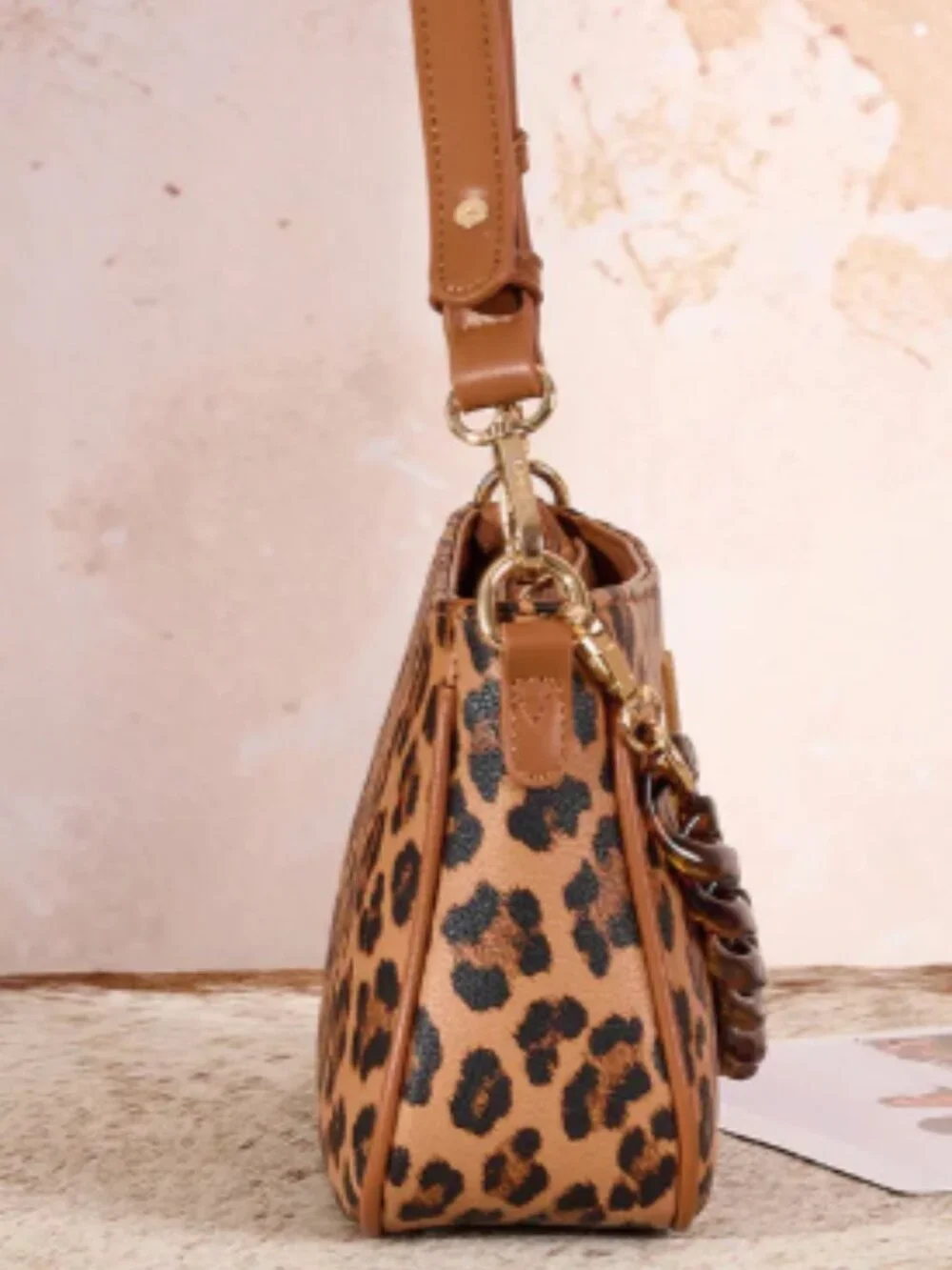 Wrangler Western Leopard Print Shoulder Bag with Chain Detail - Brown NWT